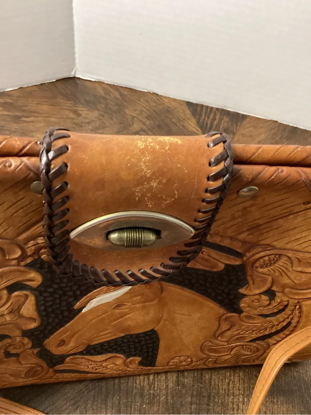 Handcrafted Tooled Leather Horse Tote Bag in Tan